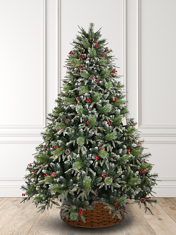 Snow Flocked Mixed Foliage Christmas Tree  with Pine Cones & Red Berries